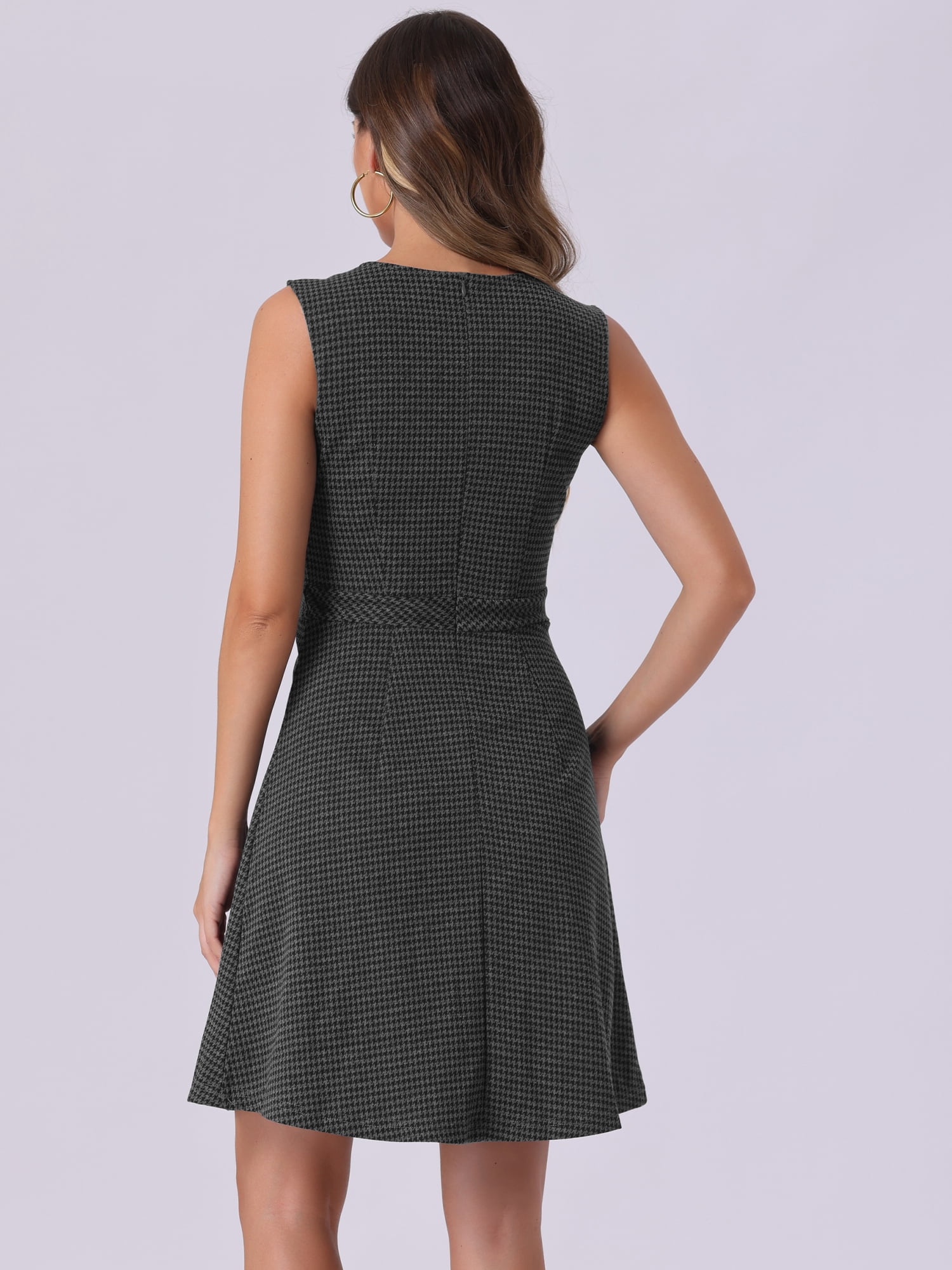 DARING DIVA Houndstooth Plaid Sleeveless Fit Flare Knit Dress L Black Grey
