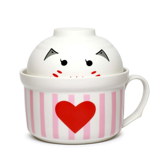Cute Microwavable Ceramic Noodle 2 Bowls Set with Handle And Smiling Bowl Lid