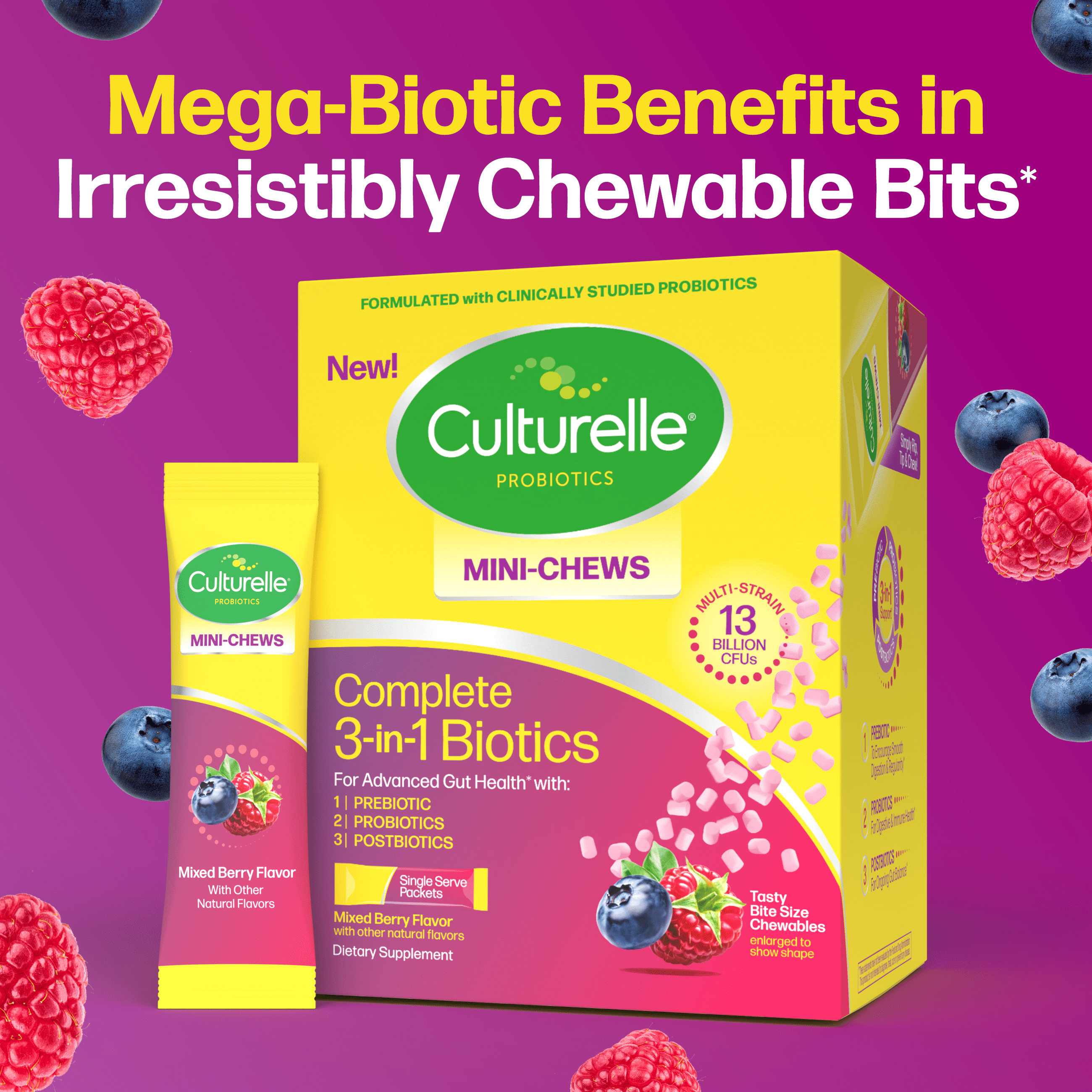 Culturelle Probiotics Complete 3-in-1 Biotics Mini Chews Daily Supplement, Supports Digestive Health with Prebiotics and Postbiotics for Gut Balance, Mixed Berry Flavor, 28 Count
