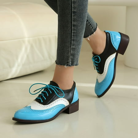 

Colorblock Brogue Lace Up Flat Shoes for Women - Comfortable Elegant Chunky Heel Design Low Top Casual Daily Wear Breathable Slip-Resistant Soft Insole Easy to Walk