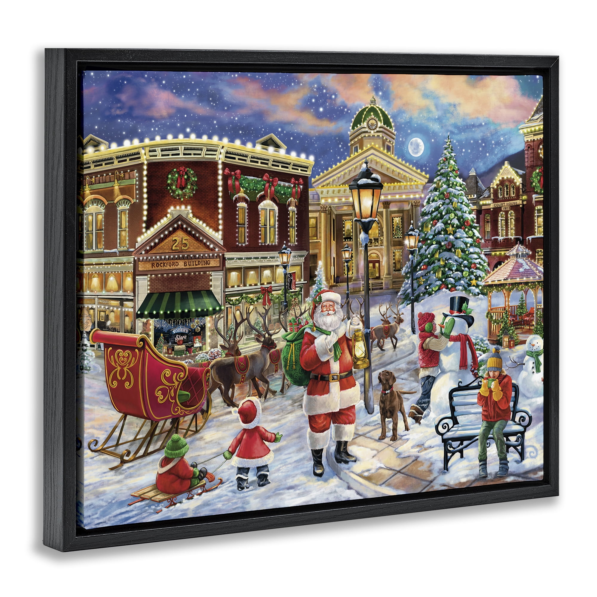 Stupell Industries Santa in Town Square Holiday Painting Black Floater Framed Art Print Wall Art, 21 x 17