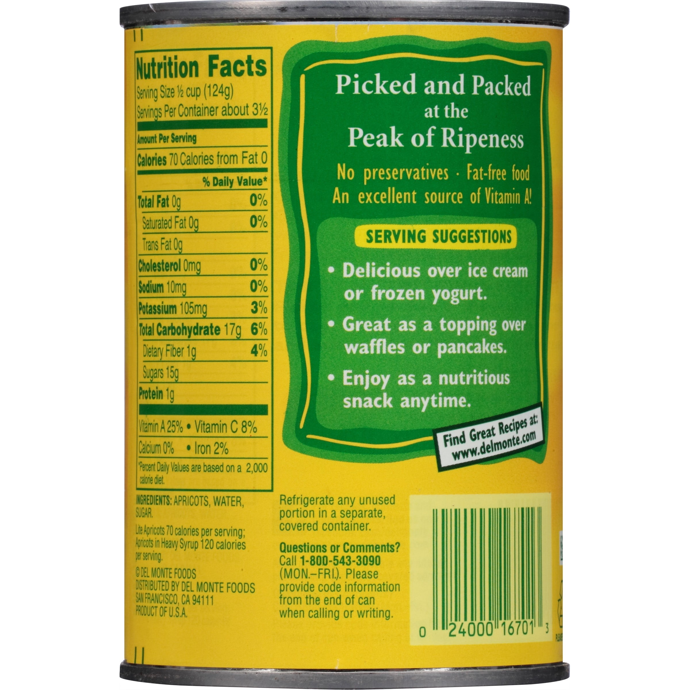 Del Monte Lite Apricot Halves Canned Fruit 15 oz Can (Pack of 4)