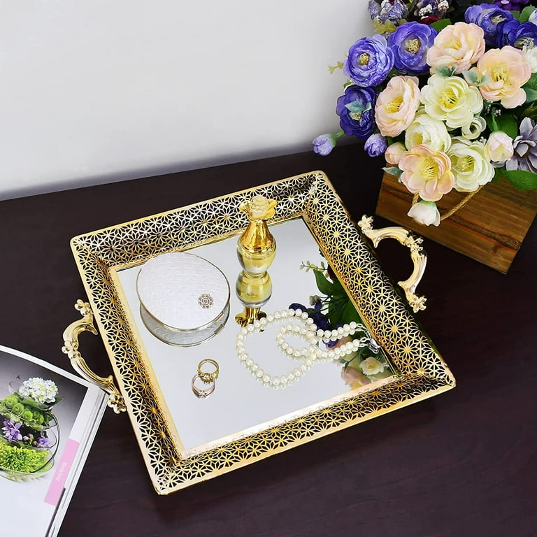 50's ヴィンテージ Mirrored Gold Tray ジュエリー置きなど Vintage Gold Decorative Mirrored Tray with Metal Handles, Vanity