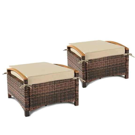 Ktaxon 2Pcs Patio Ratten Ottomans, Outdoor Wicker Footstool with Removable Cushions, Footstool Seating for Balcony, Porch (Brown & Beige)