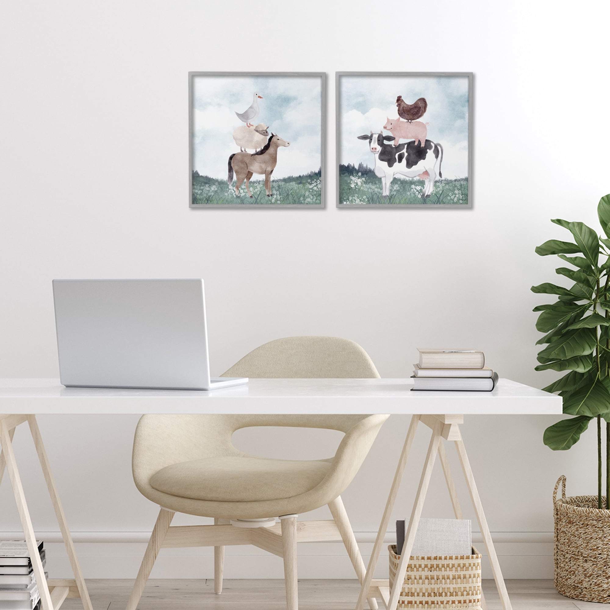 Stupell Industries Stacked Animals Blue Sky Farm 2 Piece Gray Framed Giclee Art Set, design by Kim Allen