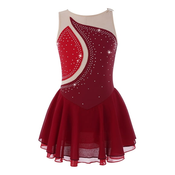 Sinleey Robe de Patinage Artistique pour Filles, Scintillante avec Strass, Sans Manches, Justaucorps de Danse Ballet, Rouge, 10