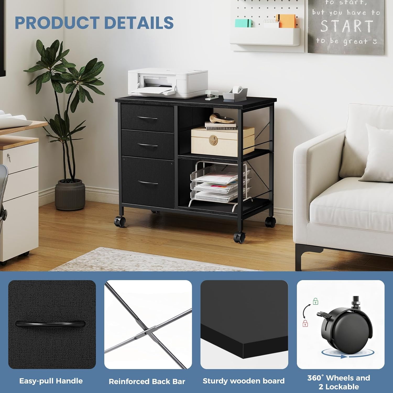 LIFERECORD 3-Drawer Cabinet with Wheels,Fabric Dresser with Wood Top and Shelves, Chest of Drawer Organizer Storage Cabinet, Bedside Table, Dark Black