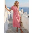 thumbnail image 3 of Womens Red Striped Ruched Waist Short Sleeve Vacation Midi Sundress, 3 of 5