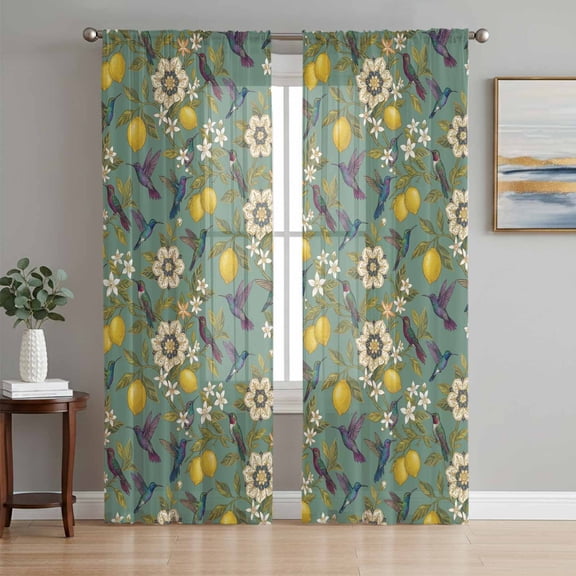Dark Green Lemon Birds Sheer Curtains 108 Inch Length 2 Panels Set, Summer Botanical Tropical Voile Window Treatment Semi Sheer Long Curtains Drapes for Bedroom/Living Room/Kitchen 52"x108"x2