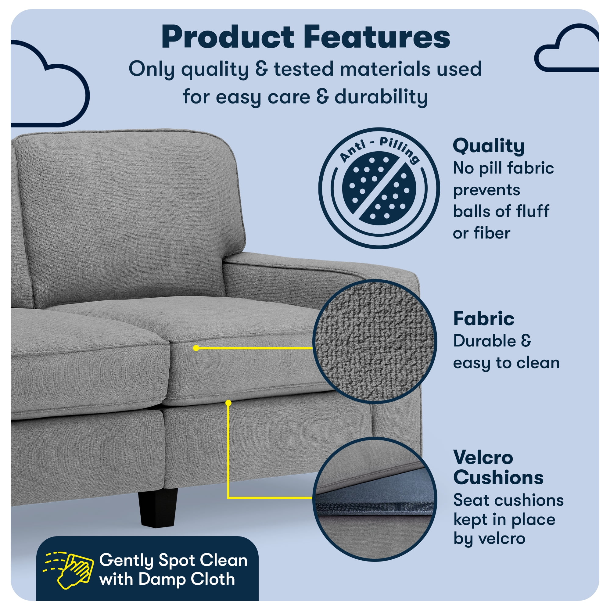 Serta Palisades 61-Inch Track Arm Sofa, Easy Care Polyester, Loveseat for Small Spaces, Glacial Gray