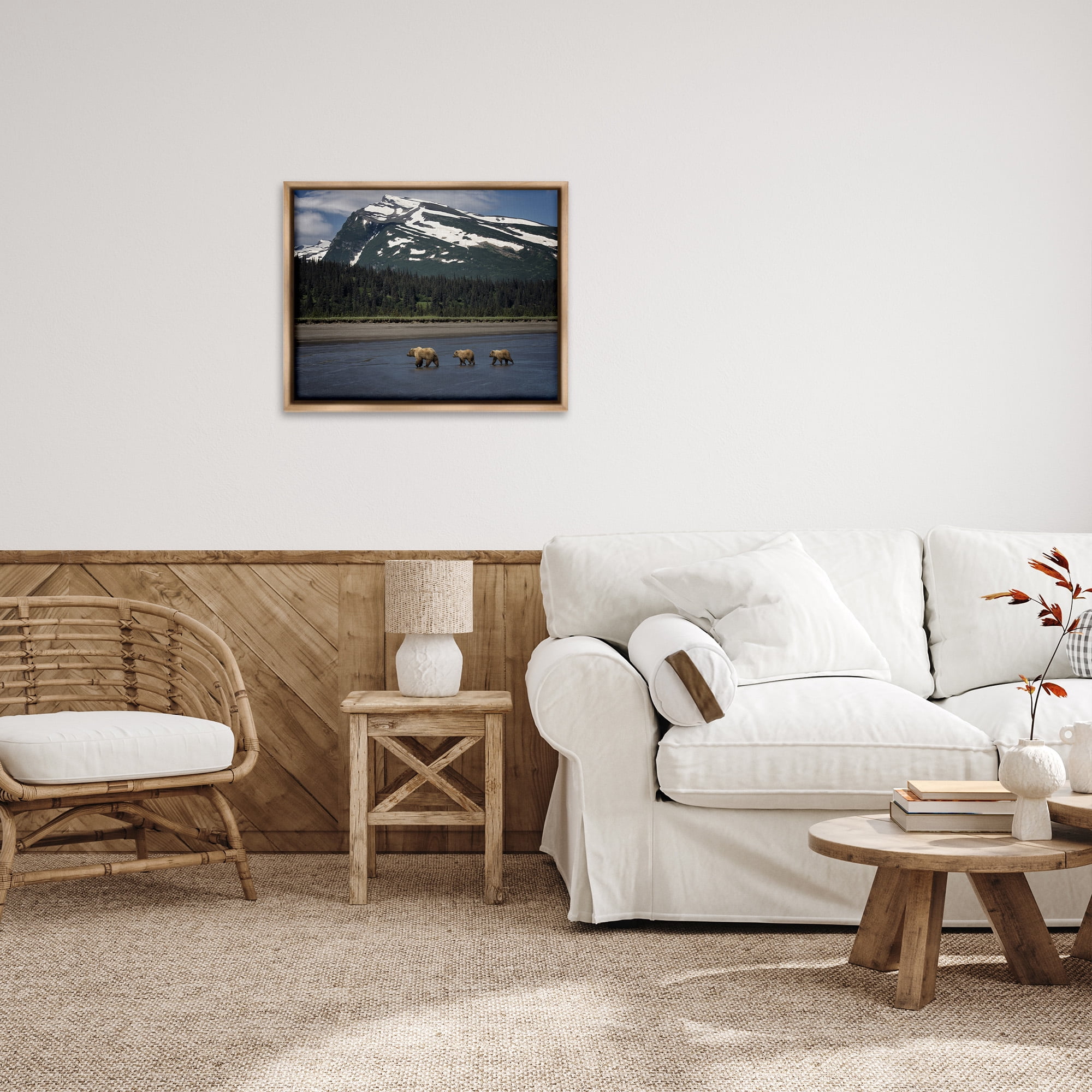 Stupell Industries Bears Crossing Icy River Landscape Photography Brown Floater Framed Canvas Art Print Wall Art, 31 x 25