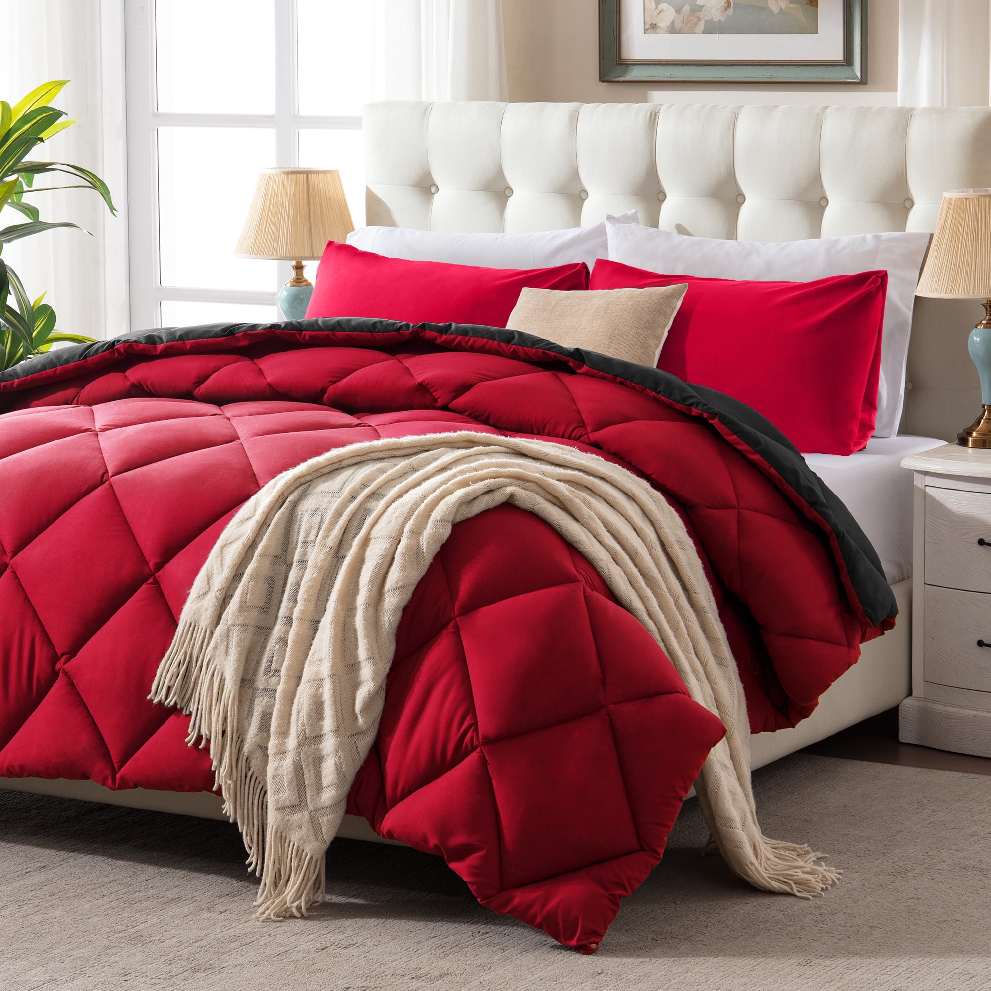 Yalamila Queen Size Comforter Set 3-Piece All-Season Down Alternative Reversible Comforter Set,Red/Black,200GSM Cooling Quilted Duvet Insert,95 GSM Soft Cover Bed in a Bag