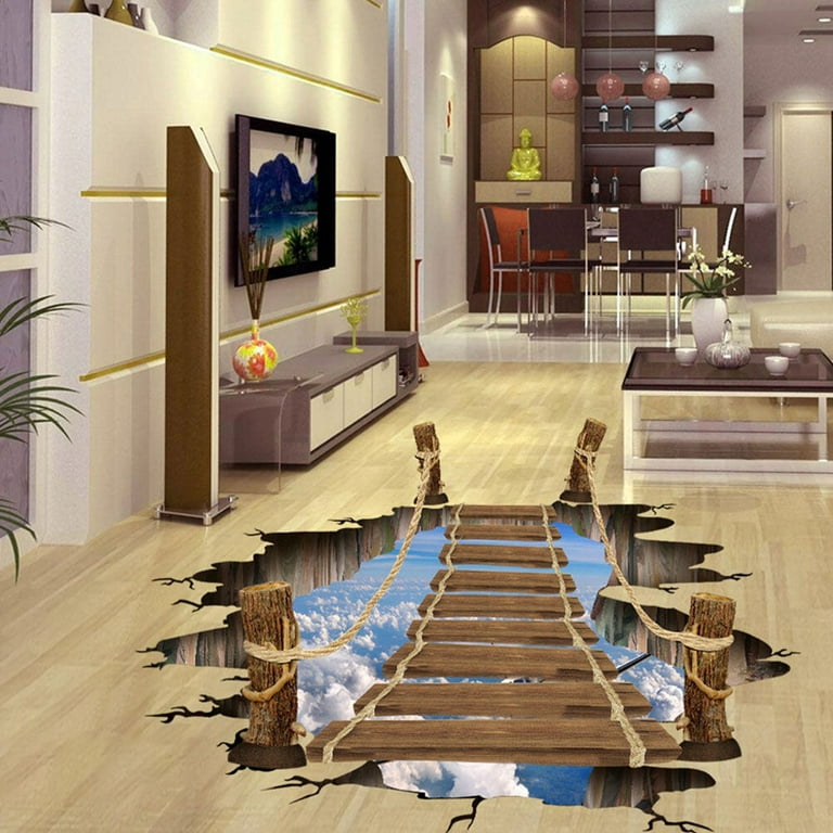 1Pc 3D Simulation Wood Bridge Floor Paper Living Room Anti-slip