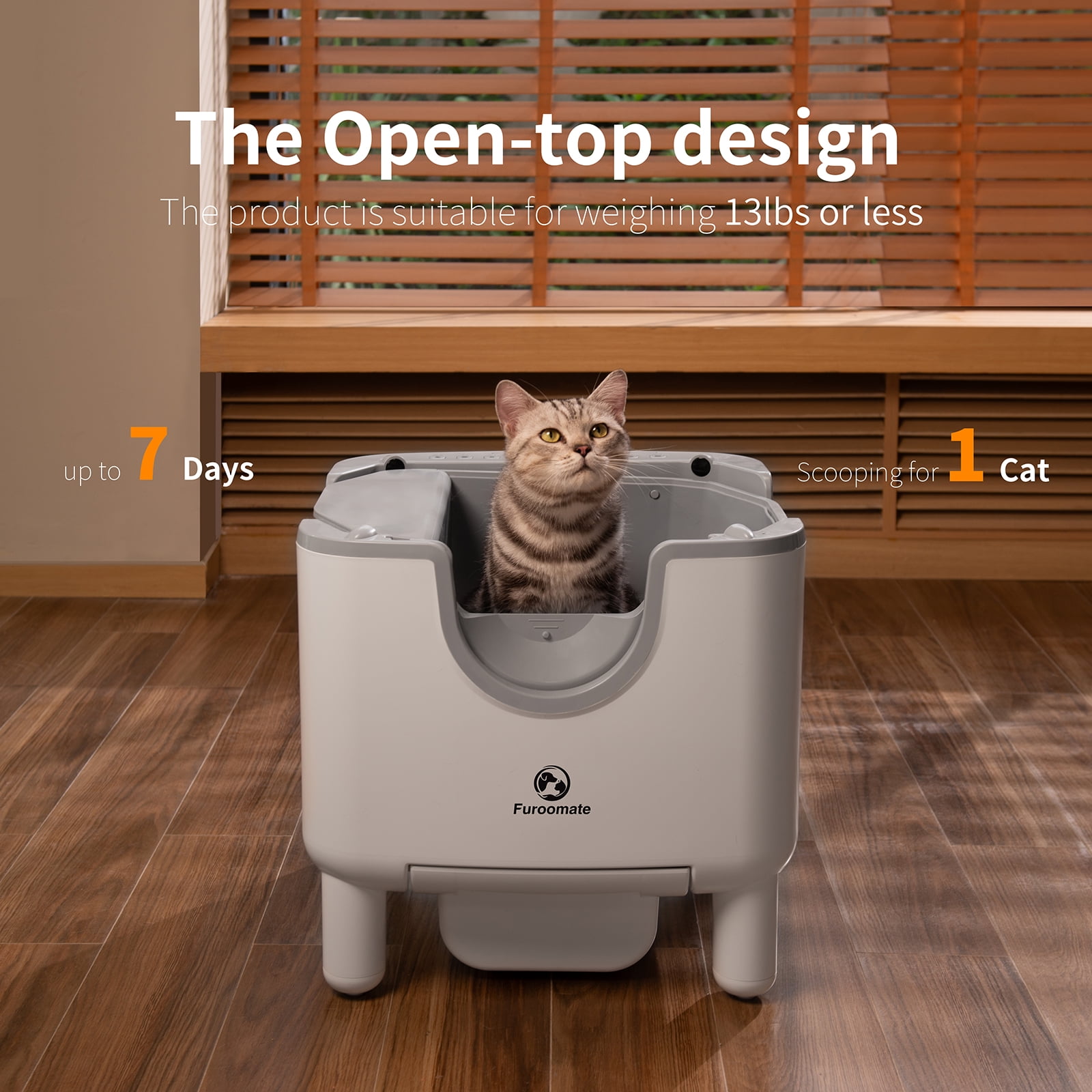 Furoomate Self-Cleaning Litter Box, Open-Top Automatic Cat Litter Box, Easy Maintenance, with Built-in Safety Features and Odor Control