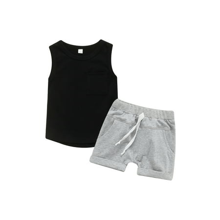 

ZIYIXIN 2Pcs Baby Boys Summer Shorts Set Sleeveless Solid Tank Romper T-Shirt Drawstring Camo Shorts Casual Outfits Gray Black 18-24 Months