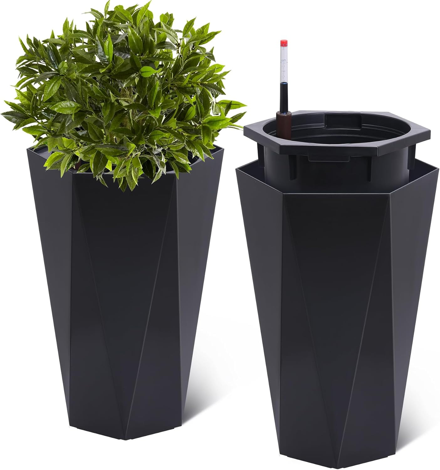 Riedhoff 22.5" Tall Planter Pots Set of 2, Self Watering with Water Level Monitor, Black