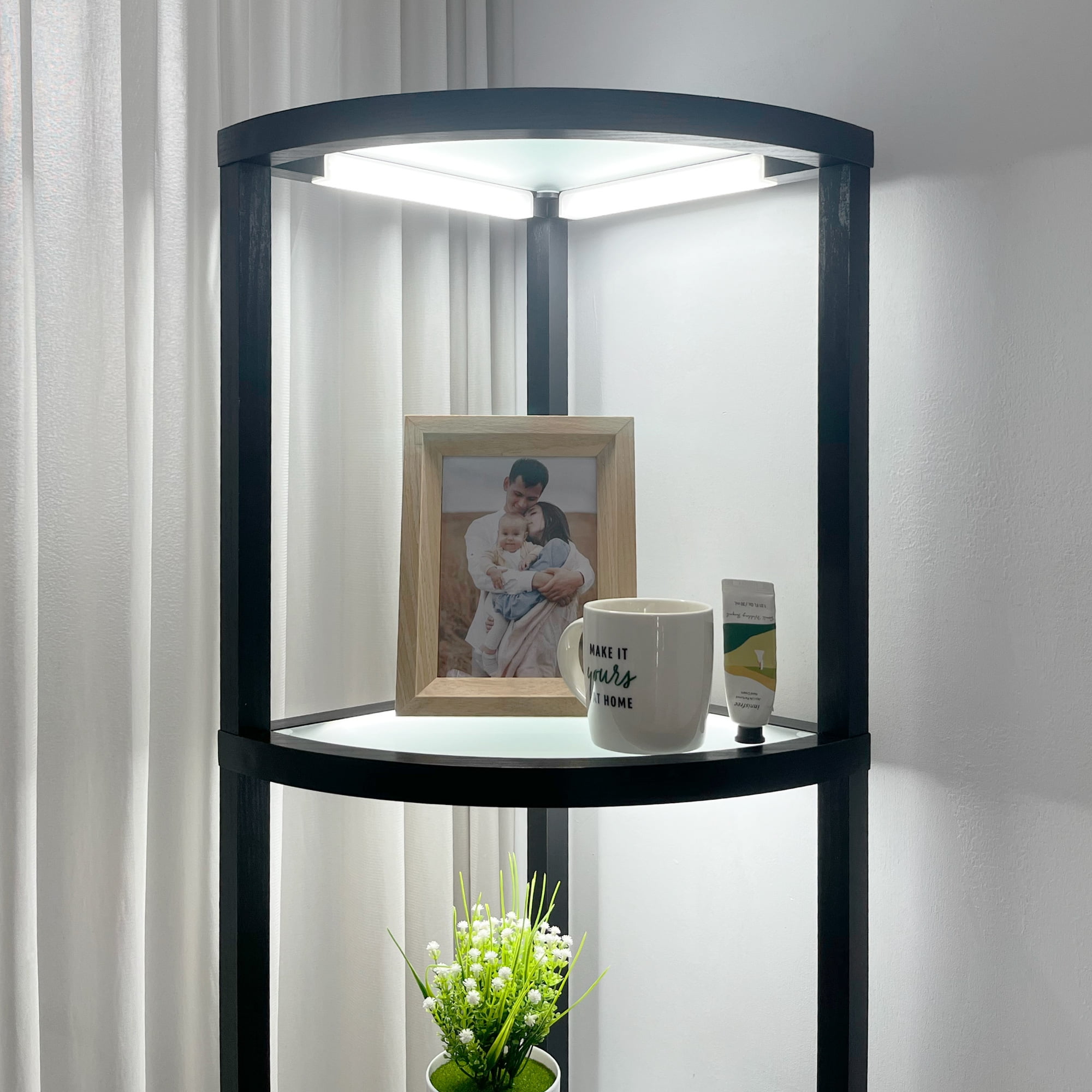 FENLO Fantasy Edge PRO 66-Inch Modern Glass LED Corner Floor Lamp with Shelves