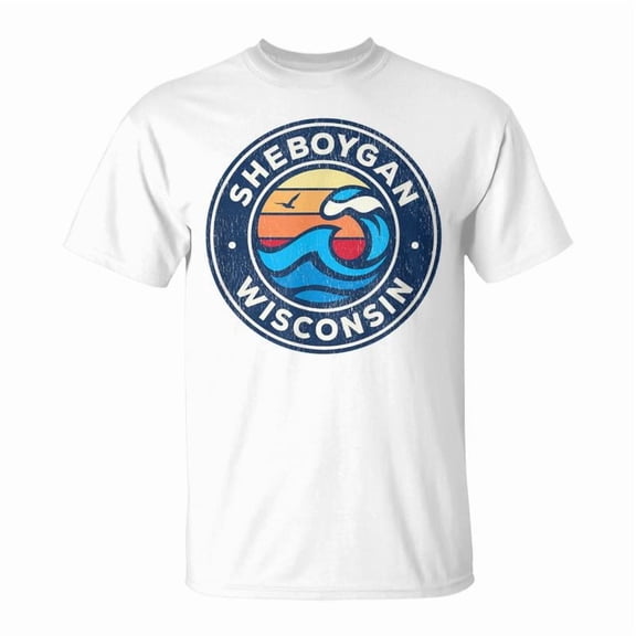 Retro Sheboygan Wisconsin Vintage Sunset Wave Graphic Unisex Adult T-Shirt Classic Distressed Style Short Sleeve Souvenir Apparel