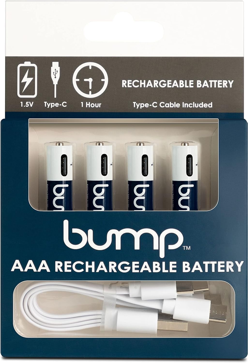 BUMP AAA Rechargeable Batteries - 4 Pack - Lithium Ion, High Output, Fast & Long Lasting USB-C Charge, Use w/Remote Control, Battery Operated Toys, Keyboard, Wireless Mice, Charger Cable Included