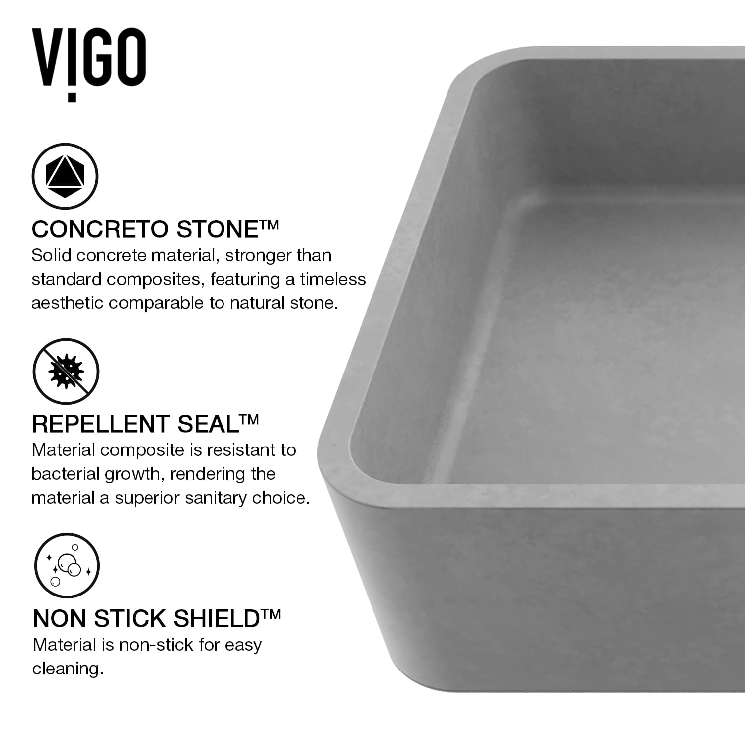 VIGO Cordoba Gothic Gray Concreto Stone 20 in. L x 13 in. W x 5 in. H Rectangular Vessel Bathroom Sink