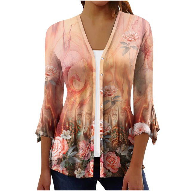 Womens Summer Lightweight Cardigans 3/4 Sleeve V Neck Button Down Cardigans Cover Up Tops Soft Floral Beach Blouses