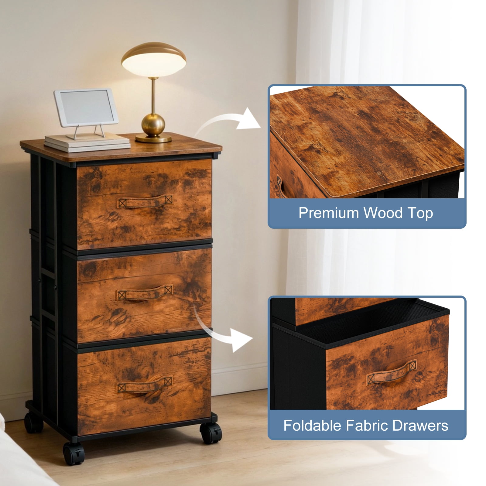 edx Rolling Nightstand with Wheels, 3 Drawer Fabric Storage for Bedroom, Entryway, Closets, Office, Rust Brown
