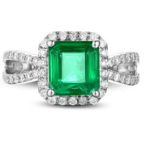 Classic Art Deco 2.25 Carat Green Emerald 6mm Princess Cut And Moissanite Diamond Halo Engagement Ring in 10k White Gold
