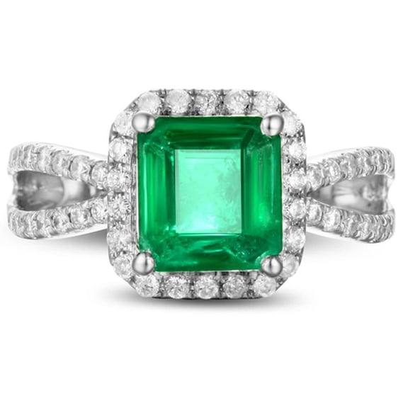 Classic Art Deco 2.25 Carat Green Emerald 6mm Princess Cut And Moissanite Diamond Halo Engagement Ring in 10k White Gold