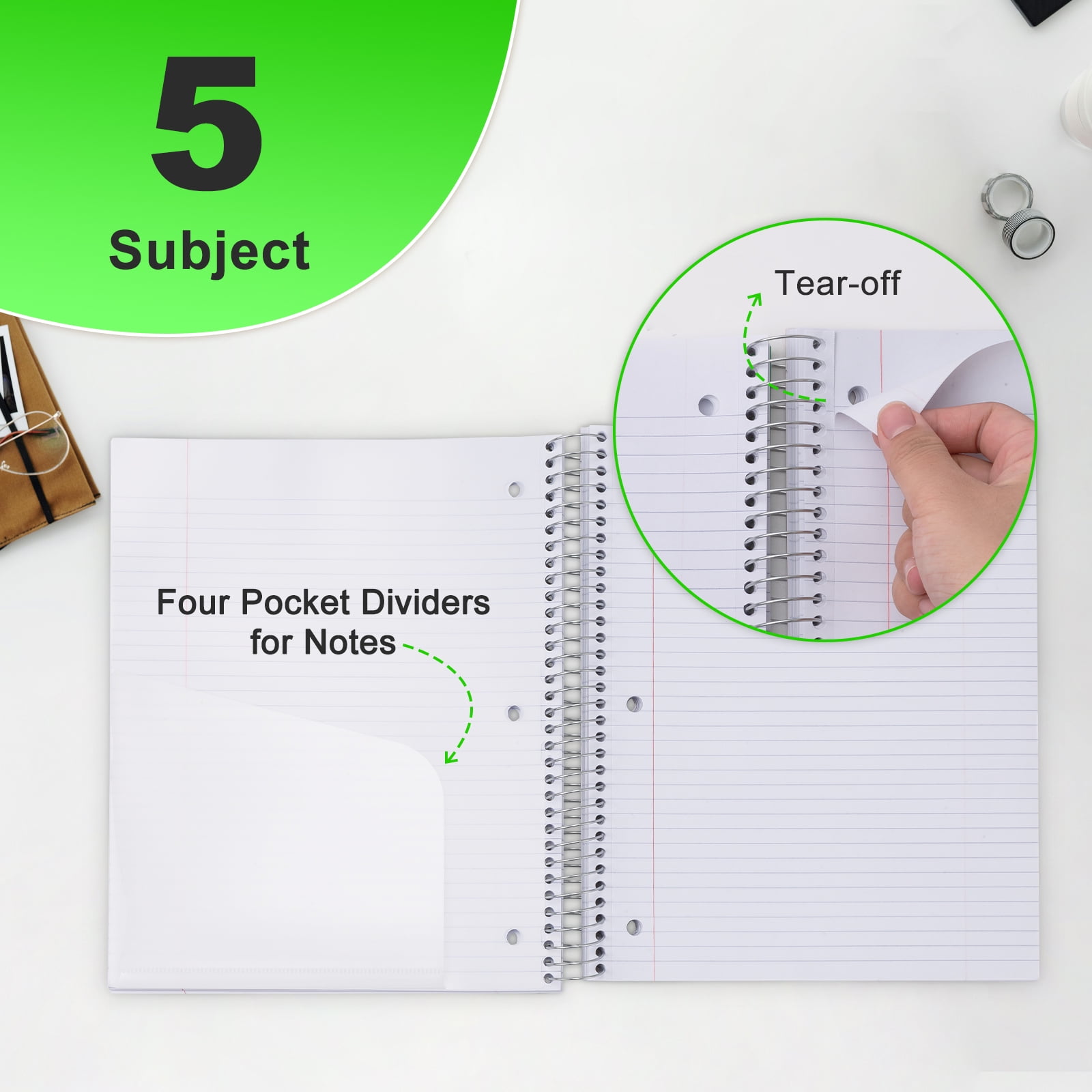 ViVin 5 Subject Notebook with Water Resistant Cover and 4 Removable Dividers, College Ruled, 200 Sheets,White, Green, Black 3 Pack