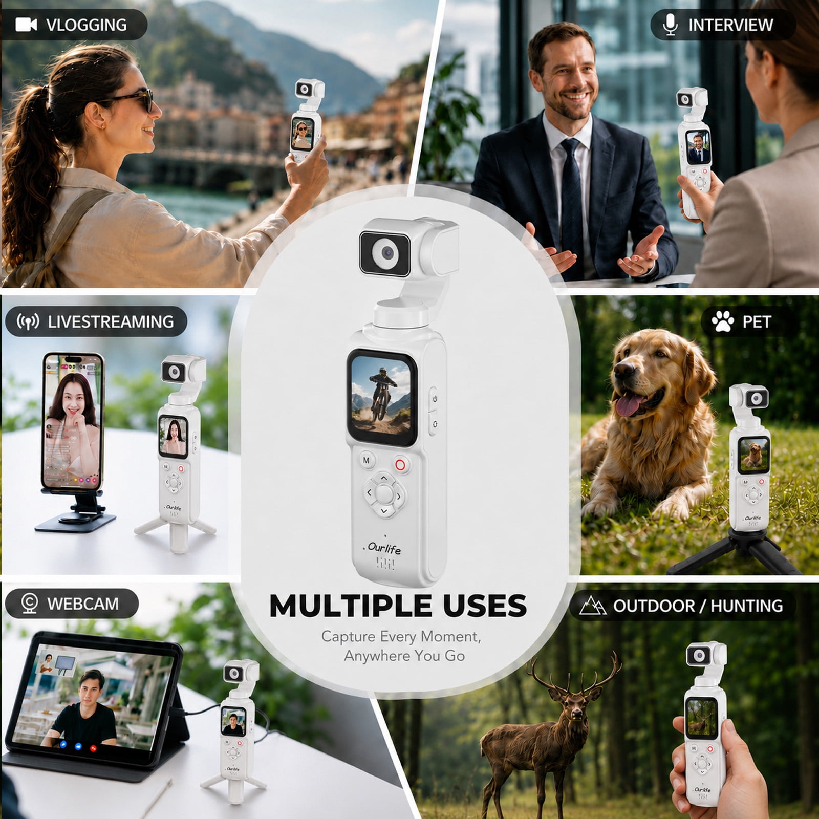 Ourlife White 4K Digital Camera, Pocket Gimbal with 330° Rotation, 1.72" Touch Screen, Face Tracking, 2400mAh Battery, 64GB Card, Compact Camera for Vlogging