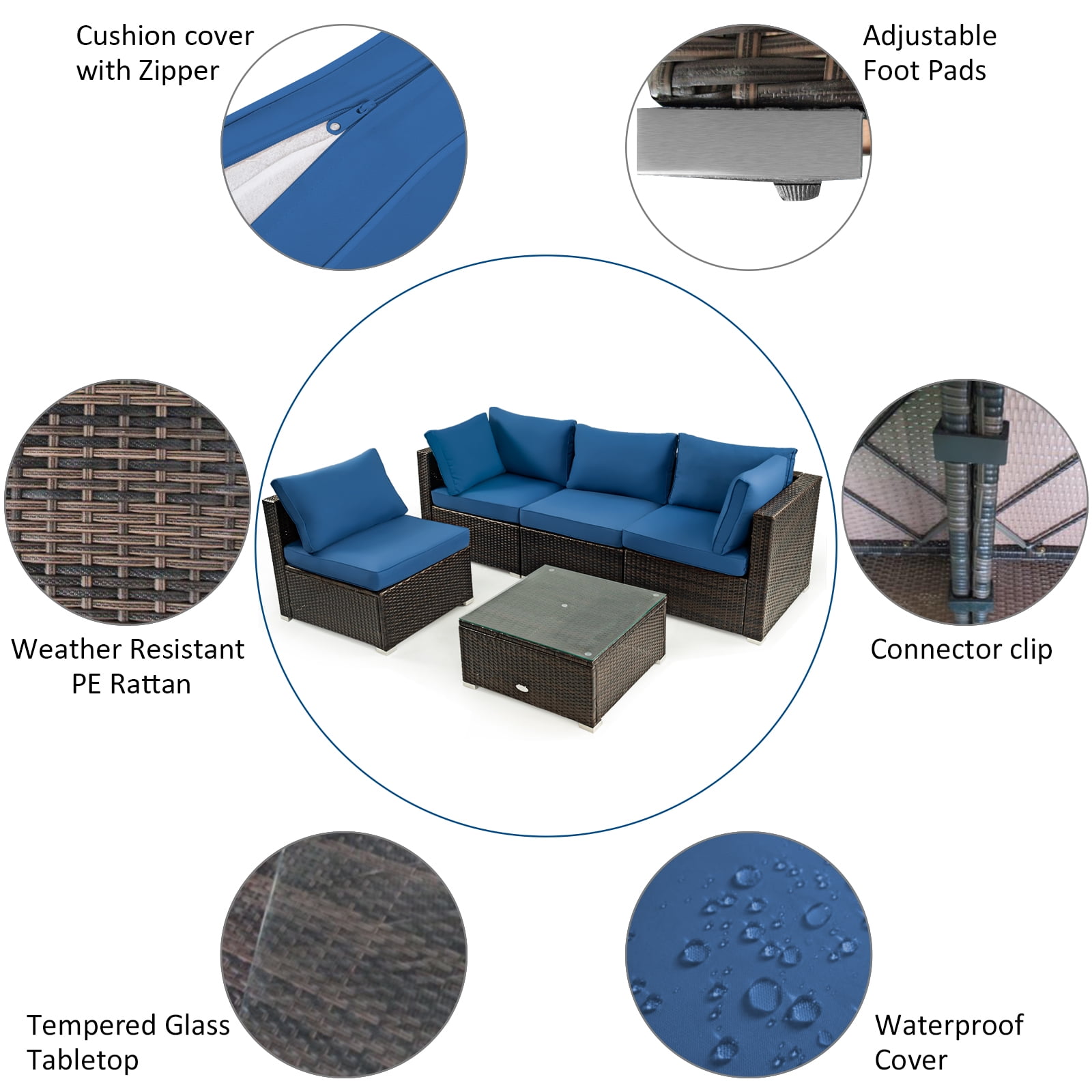 Costway 6PCS Patio Furniture Set Rattan Cushioned Sofa Gas Fire Pit Table Navy