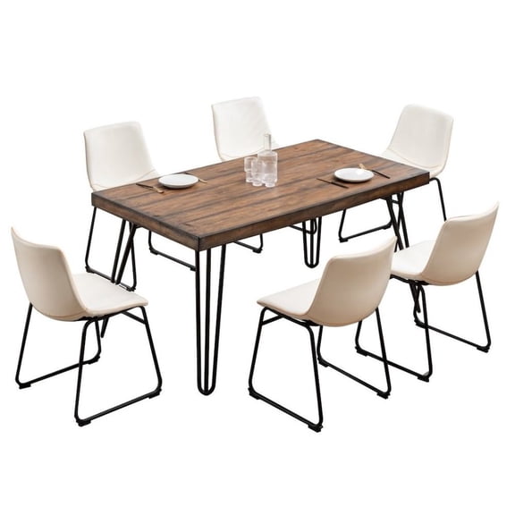 Furnifact Antique White Dining Table Set with 6 Chairs, Kitchen and Dining Room Furniture