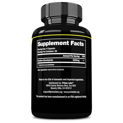 Prime Labs Creatine Monohydrate Capsules - Creatine Pills for Men & Women - 5000mg Pure Creatine per Serving - Muscle Growth, Muscle Recovery, Brain Function - Workout Supplement - 120 Capsules