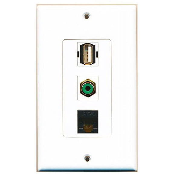 RiteAV - 1 Port RCA Green and 1 Port USB A-A and 1 Port Cat6 Ethernet Black Decorative Wall Plate Decorative