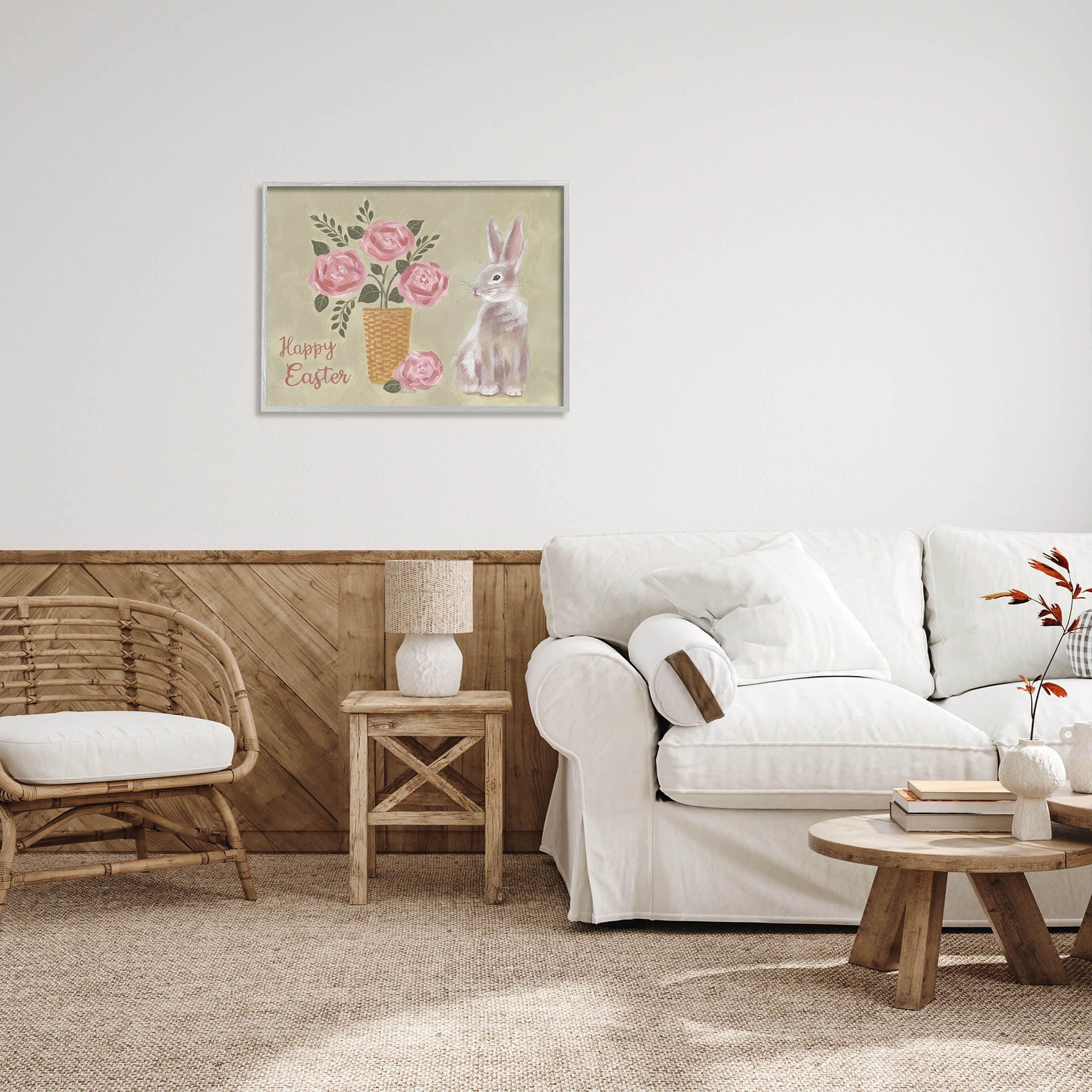Stupell Industries Happy Easter Bunny Rose Bouquet Graphic Art Gray Framed Art Print Wall Art, Design by Pam Britton