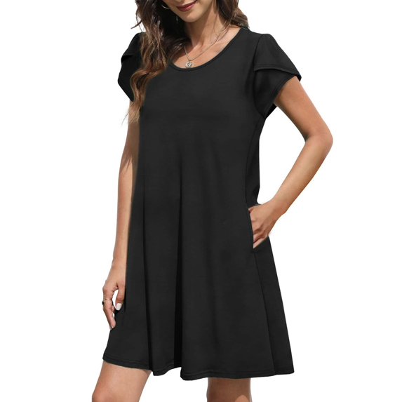 SHOPESSA Women's Round Neck Petal Short Sleeve With Pocket Ruffle Hem Tunic Dress Black Dresses for Women