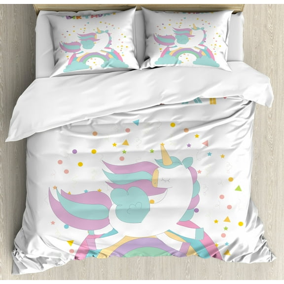 Unicorn Party Queen Size Duvet Cover Set, Mythical Horse Jumping Above the Rainbow Festive Happy Birthday Calligraphy, Decorative 3 Piece Bedding Set with 2 Pillow Shams, Multicolor, by Ambesonne