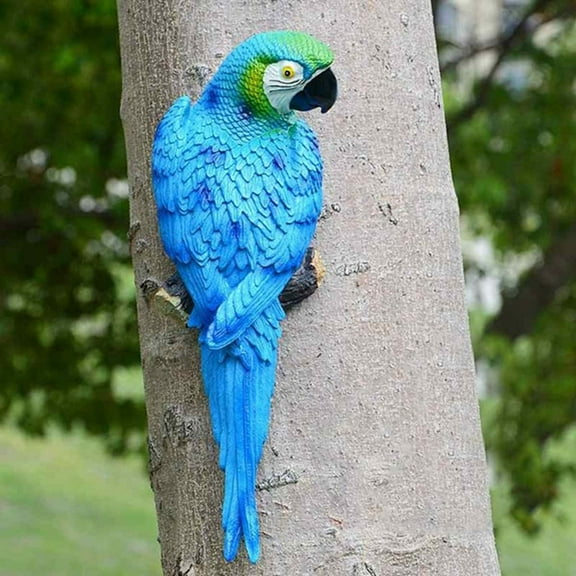 NAMZI Hanging Parrot Statue, 12.2'' Super Realistic Wall Mounted Resin Animal Sculpture for Patio Garden Tree Indoor Home Decor(Blue A)