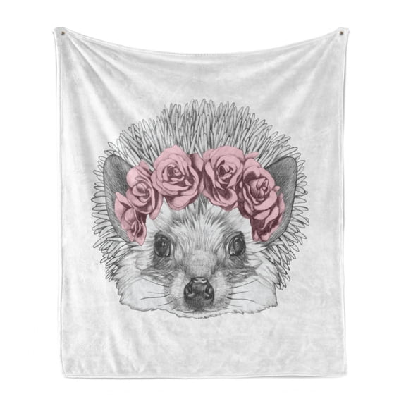 Hedgehog Soft Flannel Fleece Throw Blanket, Greyscale Animal Portrait with Romantic Wreath Hand Drawn Forest Fauna, Cozy Plush for Indoor and Outdoor Use, 70" x 90", Pale Grey and Rose, by Ambesonne
