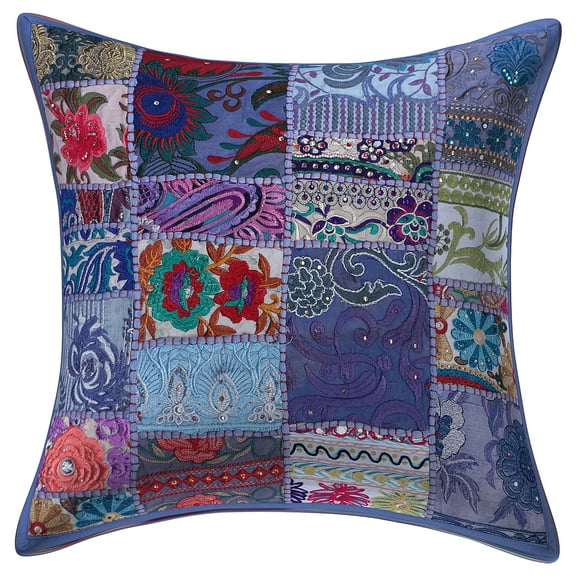 Stylo Culture Indian Cotton Decorative Throw Pillow Sham Cover Grey 18x18 Bohemian Vintage Patchwork Indian Couch Cushion Cover 45 x 45 cm Home Decor Abstract Square Pillowcase | 1 Pc