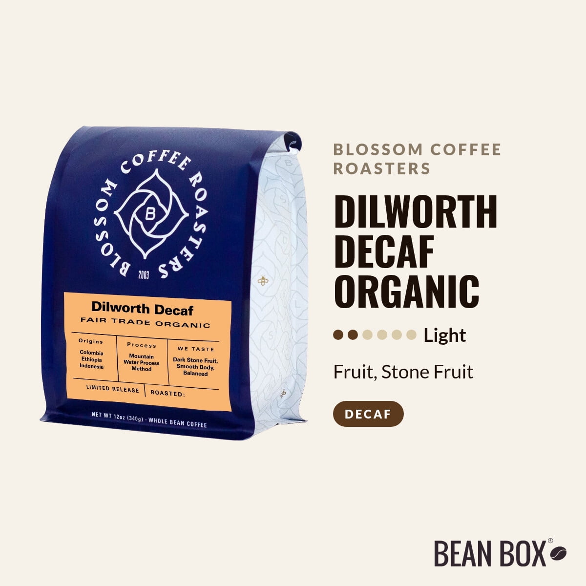 Dilworth Decaf Organic - Roasted by Blossom Coffee Roasters - Whole Bean Coffee - 2lb Bag