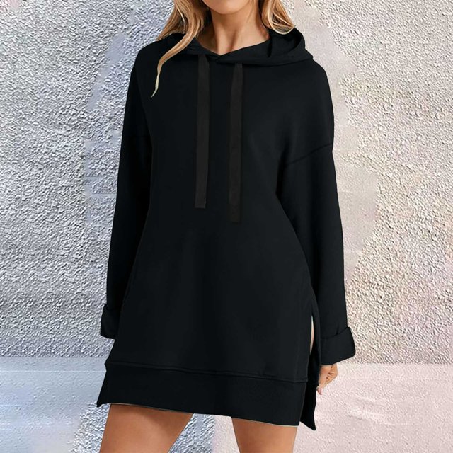 Chandail à Capuche pour Femmes Robe Longueur Genou Long Chandail-Over Hauts Fendus Automne Hiver Chandail en Peluche