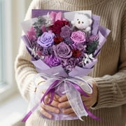 Emibele Preserved Flower Bouquet Gifts for Mom,Purple Eteranl Roses Bouquets with Bear, Gifts for Her Women Wife Grandma on Valentines Mothers Day Birthday Anniversary