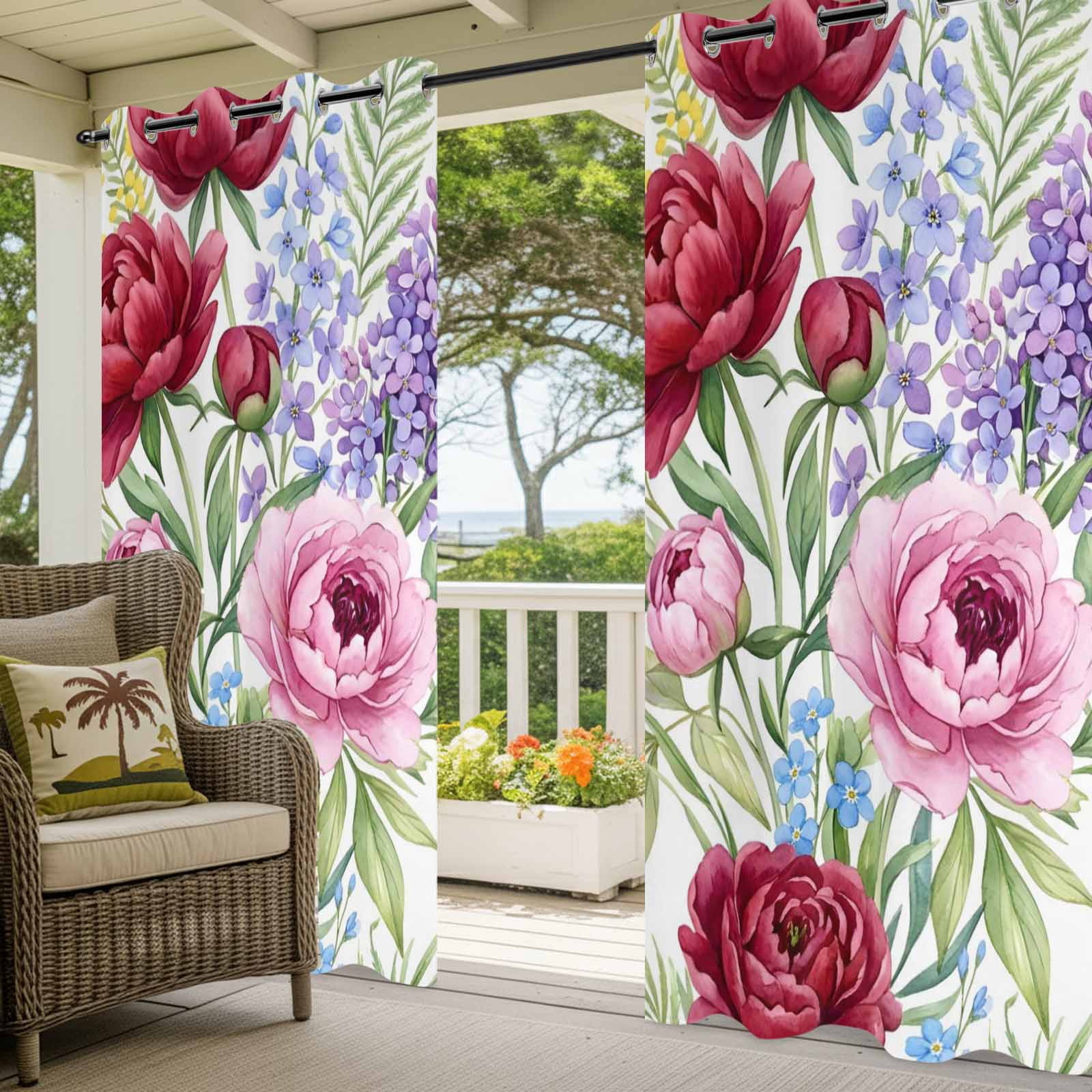 Pink Red Floral Outdoor Curtains for Patio, Country Watercolor Pink Purple Red Flowers Sunshade Privacy Drapes Grommet Waterproof Outside Curtains for Porch/Cabana/Balcony 54"x 108", 1 Panel