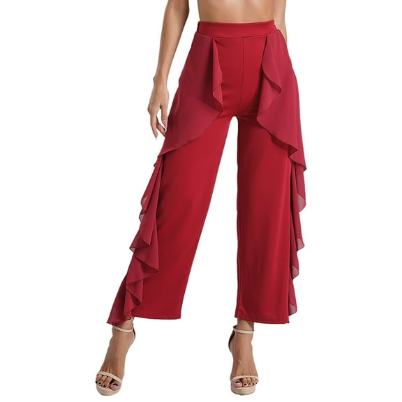 iiniim Women's Chiffon Ruffle Dance Pants Ballroom Latin Tango Salsa Practice Performance Dancing Burgundy M