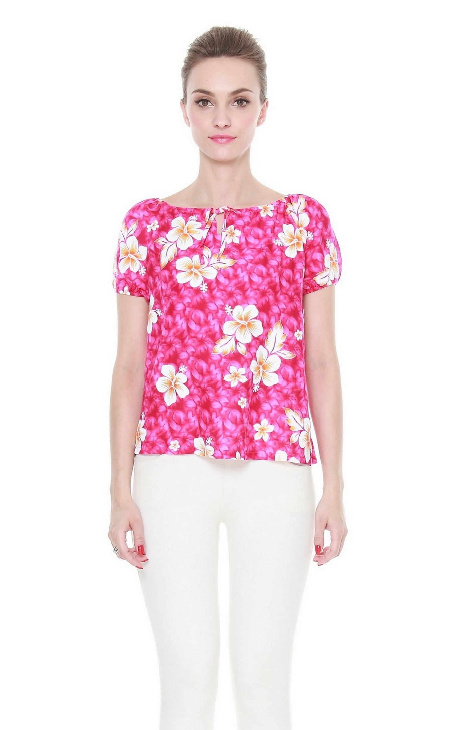 Women Hawaiian Floral Print Short Sleeve Luau Shirt in Pink Yellow