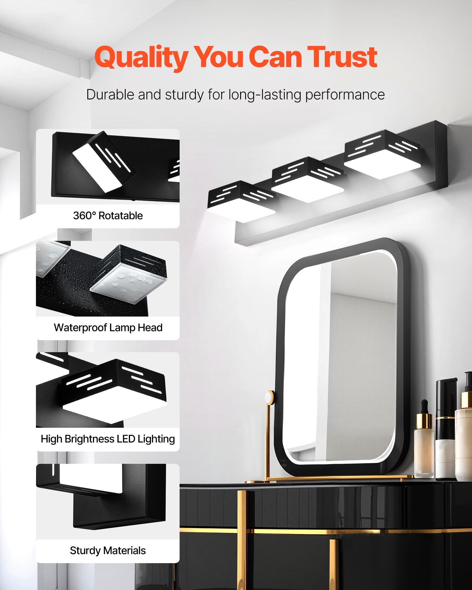 VEVOR 3-Light LED Modern Vanity Light Fixtures,19.69-Inch,Black Finish Bathroom Wall Lighting Fixture Over Mirror, with IP44 Waterproof, for Bathroom, Living Room, Bedroom, Hallway, Cool White 6000K