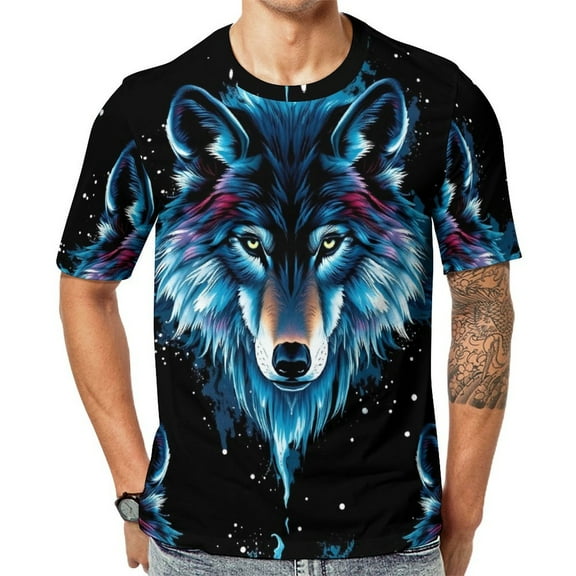 Neon Wolf Galaxy Print T Shirt For Men Summer Casual Round Neck Short Sleeve Tees
