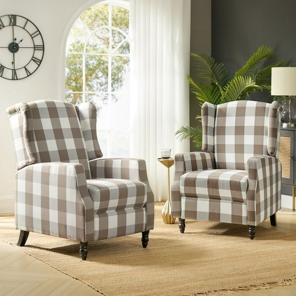 Recliners Chairs Set of 2 Push Back Upholstered Wingback Traditional Fabric Living Room Plaid Beige