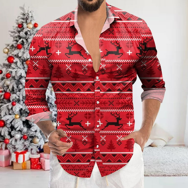 CBGELRT Mens Long Sleeve Christmas Shirts Fashion 3d Digital Printing Lapel Button Vacation Dress Shirts Large Size Holiday Blouse XL G Walmart